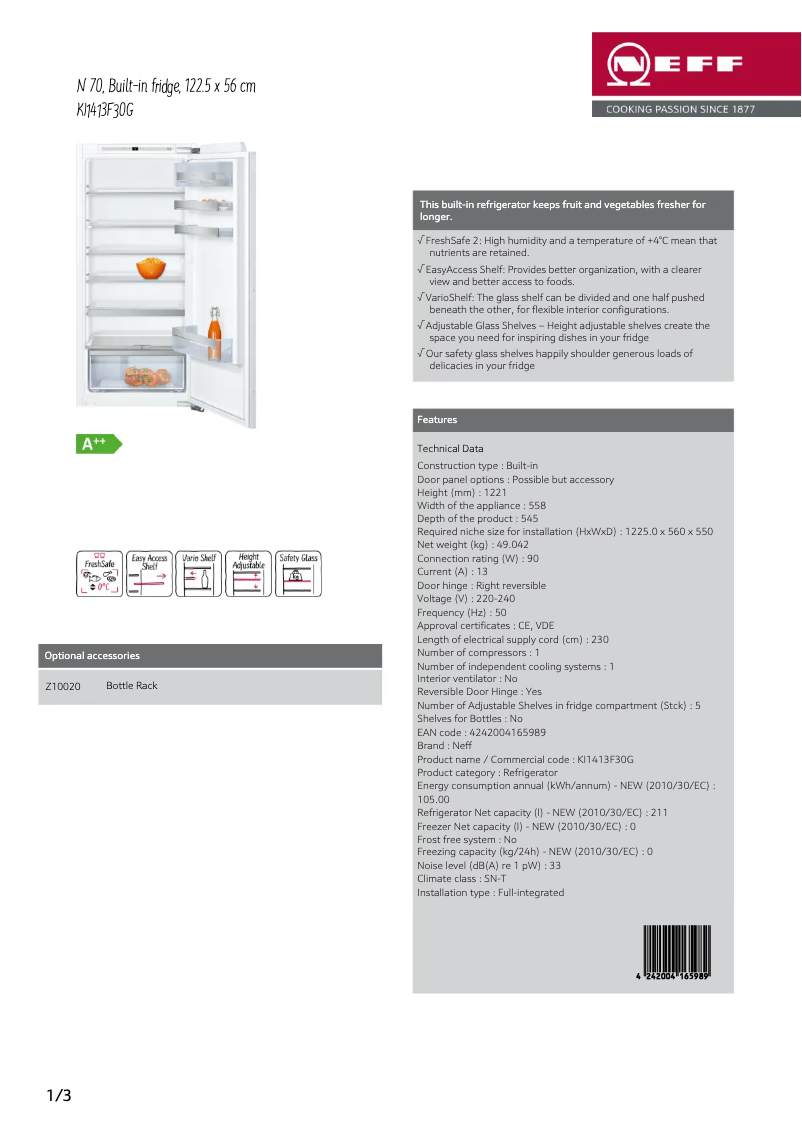 Page 1 de la notice Fiche technique Neff KI1413F30G