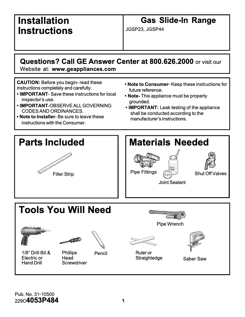 Page 1 of the manual Installation Guide GE JGSP44BEYBB
