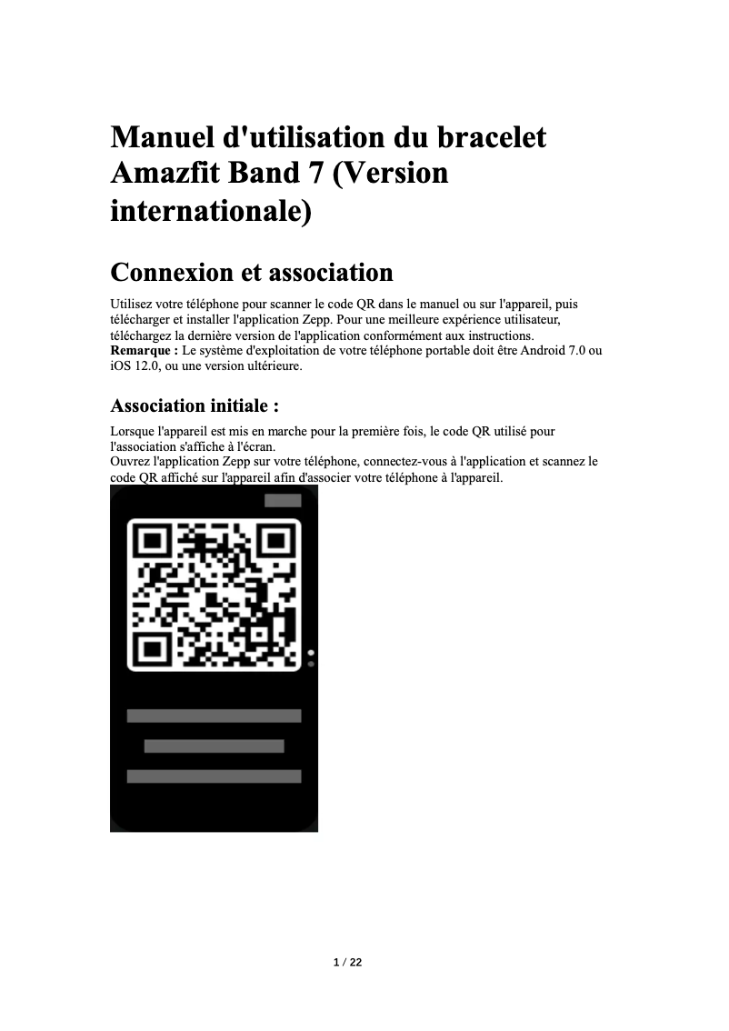 Page 1 de la notice Manuel utilisateur Amazfit Band 7