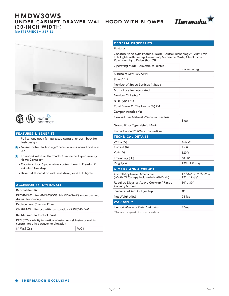 Page n°1 - Fiche technique Thermador HMDW30WS