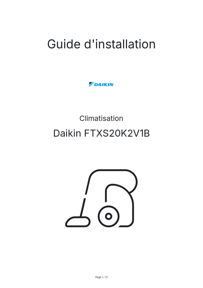 Page n°1 - Guide d'installation Daikin FTXS20K2V1B
