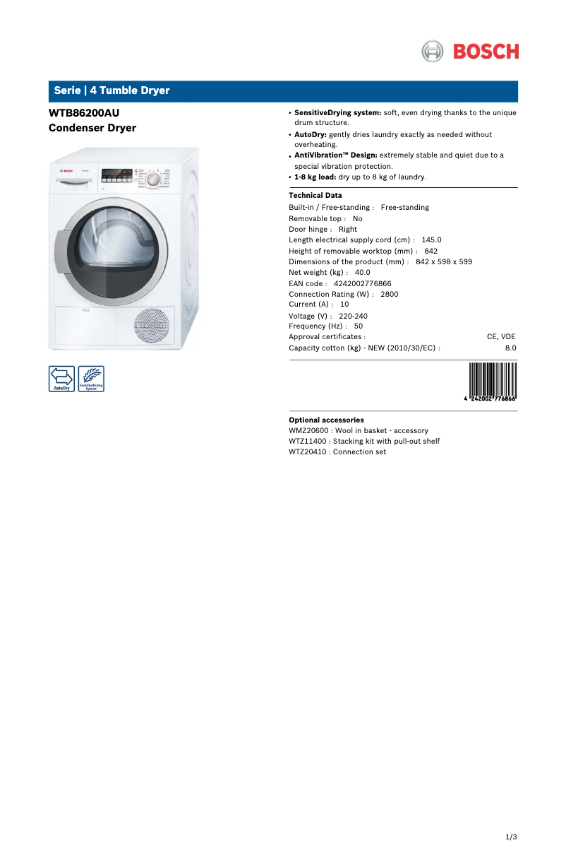 Image de la première page du manuel de l'appareil WTB86200AU