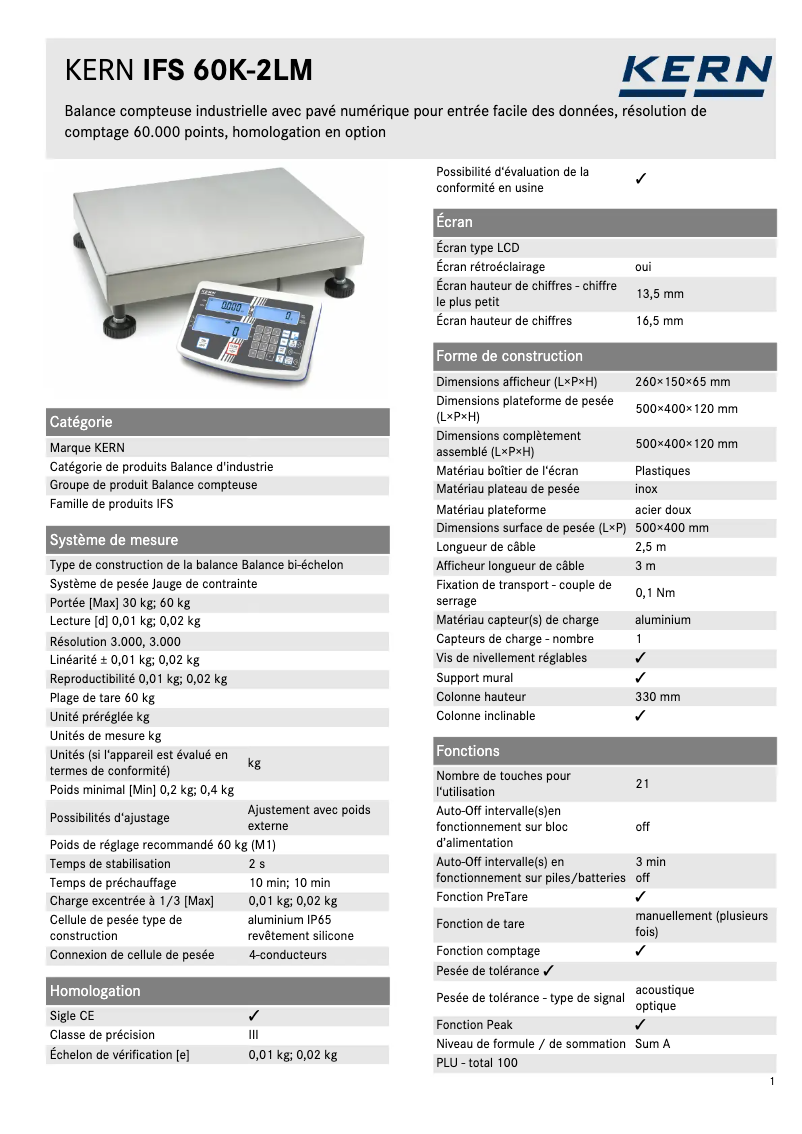 Página 1 del manual Ficha técnica Kern IFS 60K-2LM