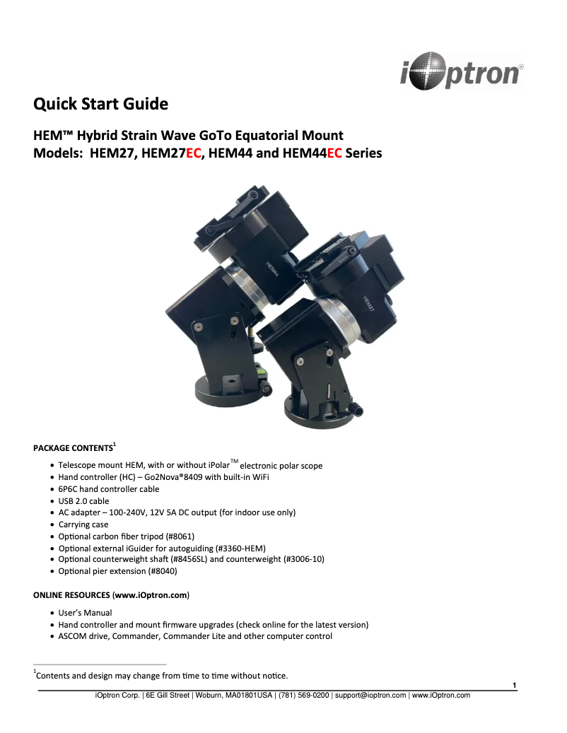 Page n°1 - Manuel utilisateur iOptron HEM44