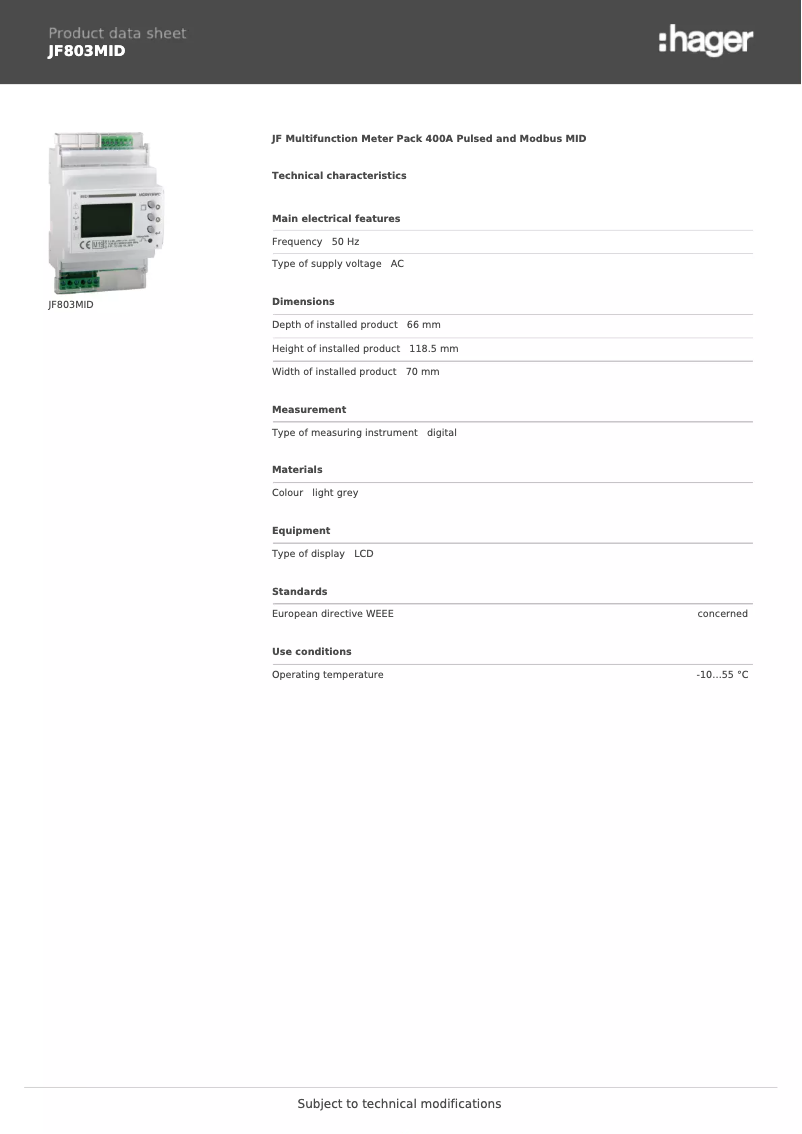 Page 1 de la notice Fiche technique Hager JF803MID