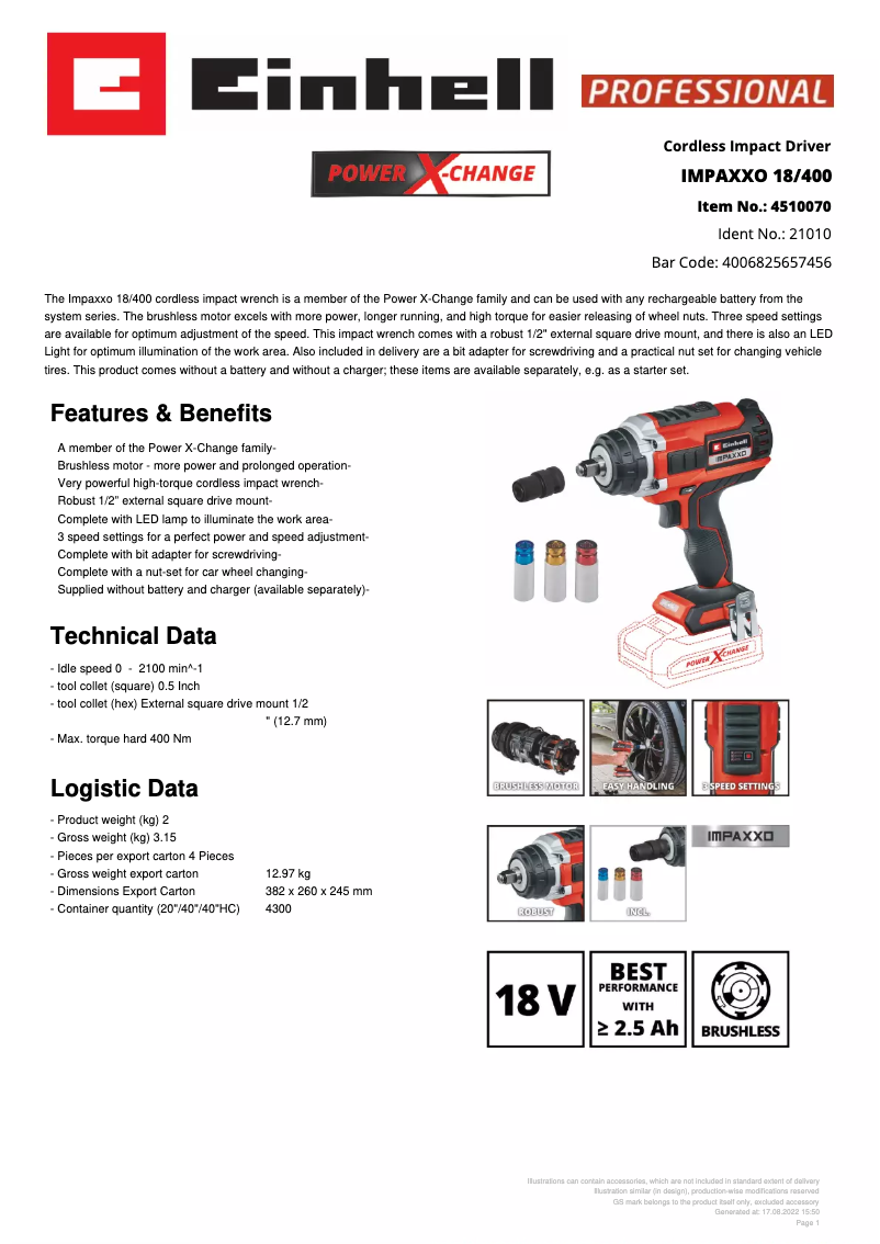 Page n°1 - Fiche technique Einhell IMPAXXO 18/400
