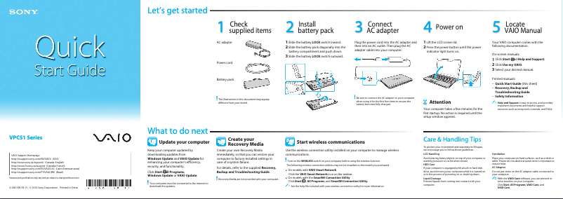 Page n°1 - Guide d'installation Sony Vaio VPCS131FD