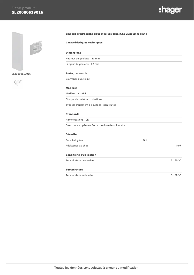 Page n°1 - Manuel utilisateur Hager SL20080619016