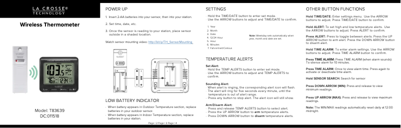 Page n°1 - Guide de démarrage rapide La Crosse Technology T83639