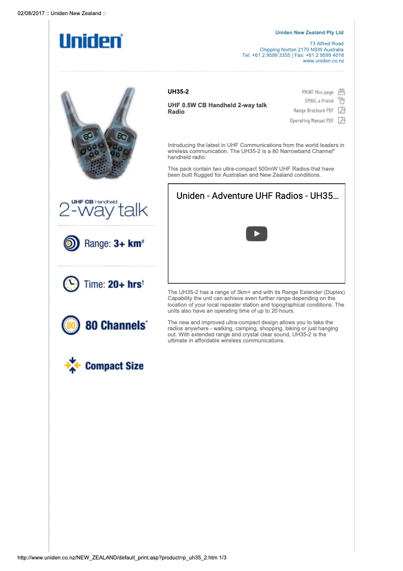 Page 1 de la notice Fiche technique Uniden UH35-2