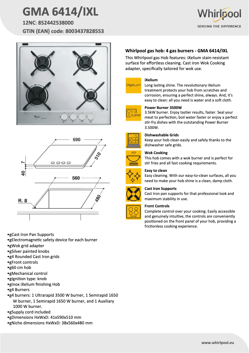 Page 1 de la notice Manuel utilisateur Whirlpool GMA 6414/IXL