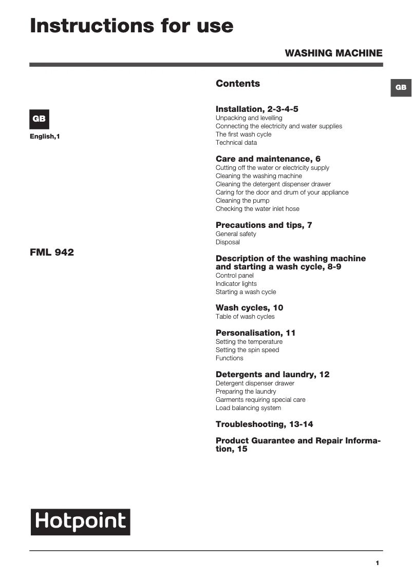 Page n°1 - Manuel utilisateur Hotpoint FML 942P UK