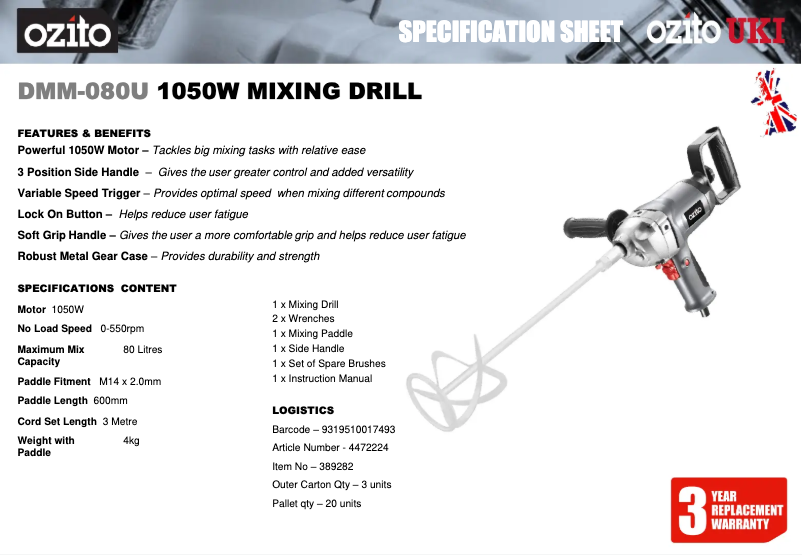 Page n°1 - Fiche technique Ozito DMM-080U