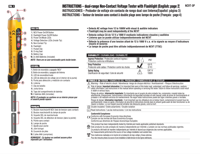Page 1 de la notice Manuel utilisateur Klein Tools NCVT-3P