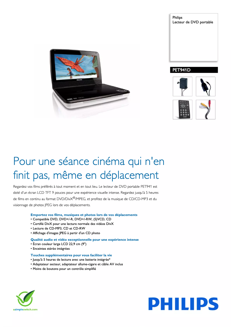 Page 1 de la notice Fiche technique Philips PET941D