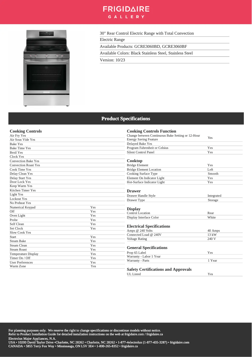 Page n°1 - Fiche technique Frigidaire GCRE3060BD