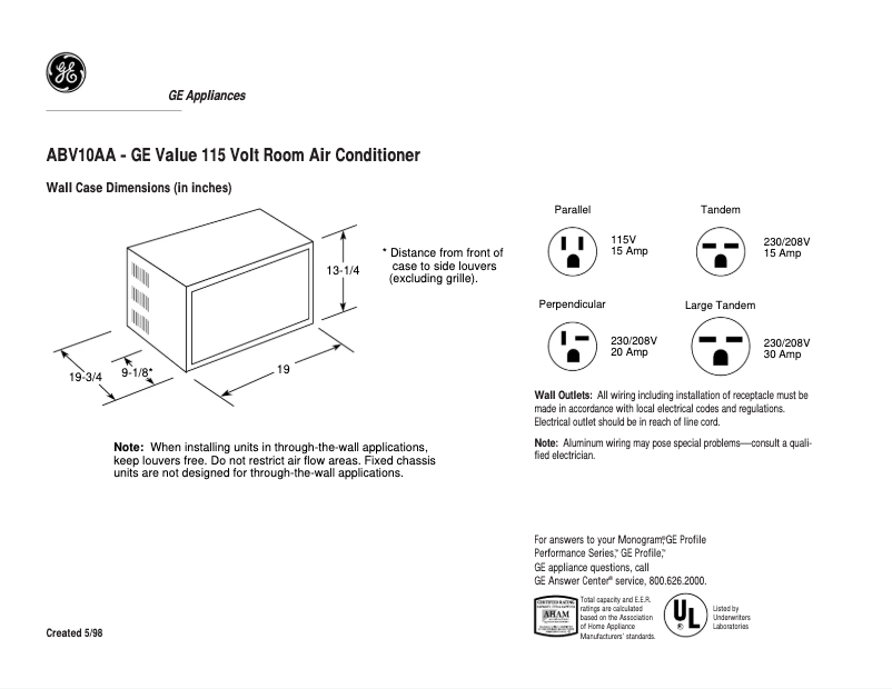 Page n°1 - Fiche technique GE ABV10AA