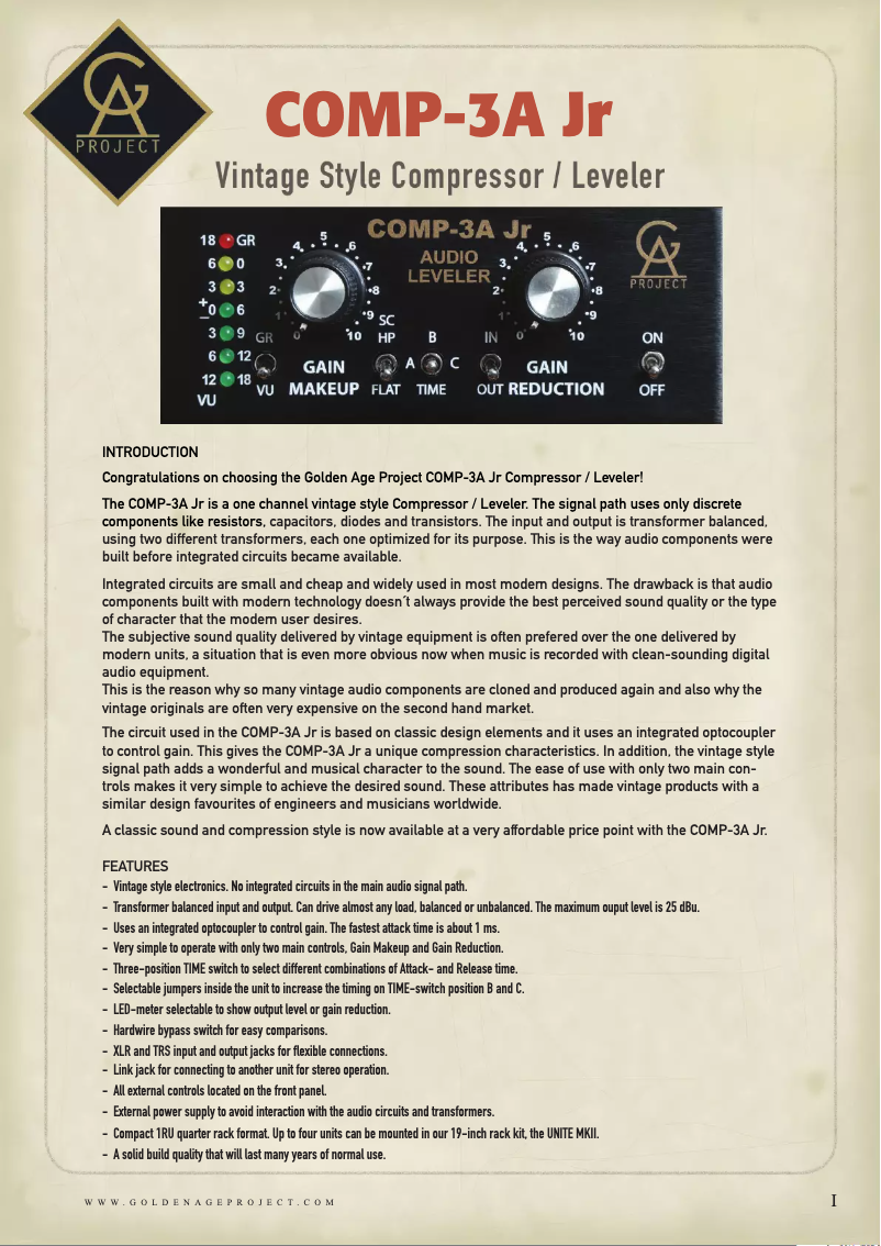 Page 1 de la notice Manuel utilisateur Golden Age Project Comp-3A Jr