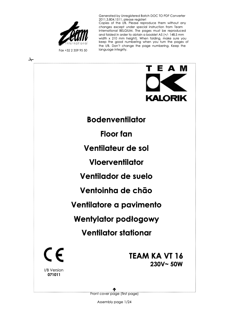 Page 1 de la notice Manuel utilisateur Team KA VT 16