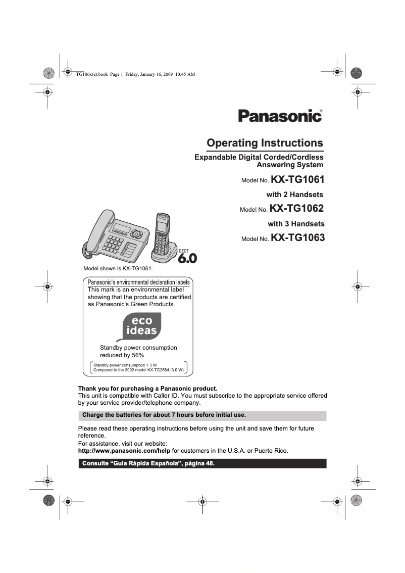 Page 1 de la notice Manuel utilisateur Panasonic KX-TG1063