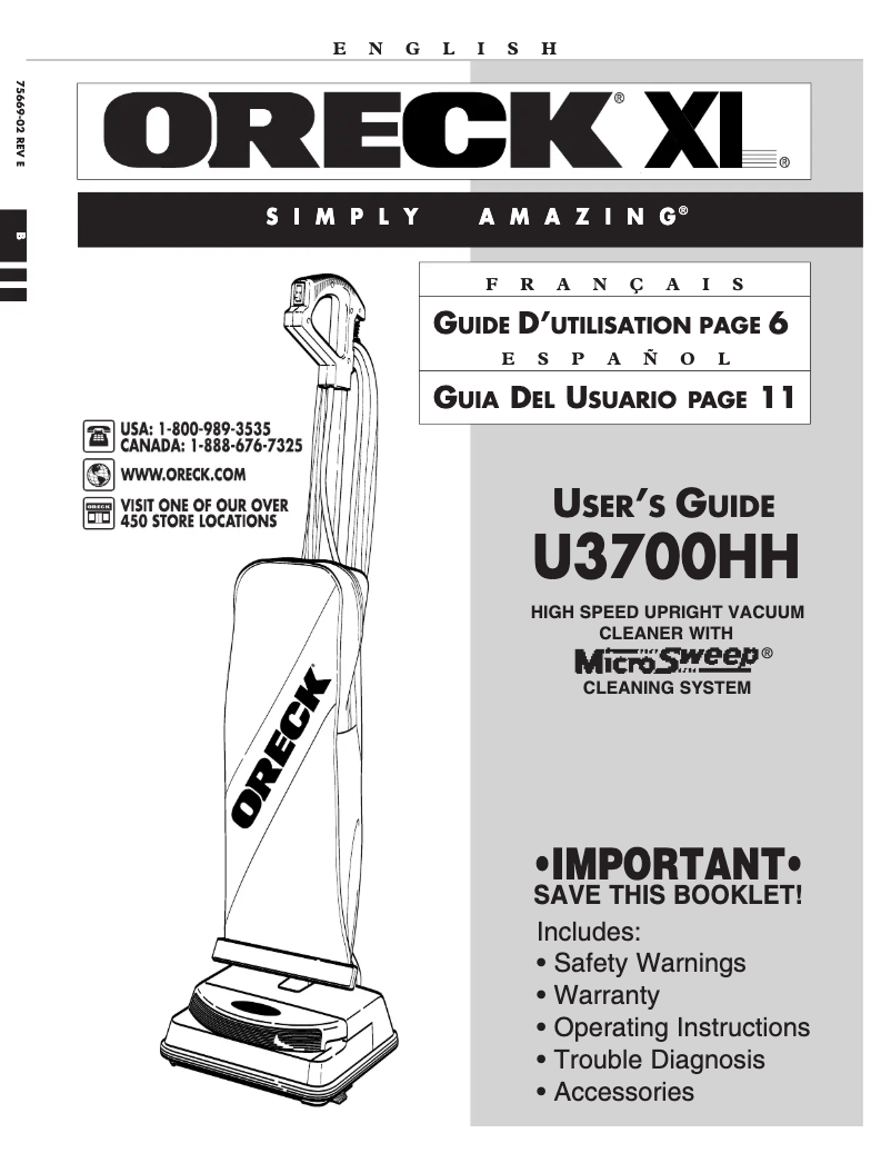 Page n°1 - Manuel utilisateur Oreck XL Deluxe U3700