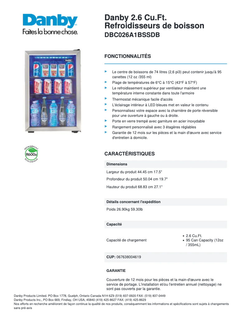 Página 1 del manual Ficha técnica Danby DBC026A1BSSDB
