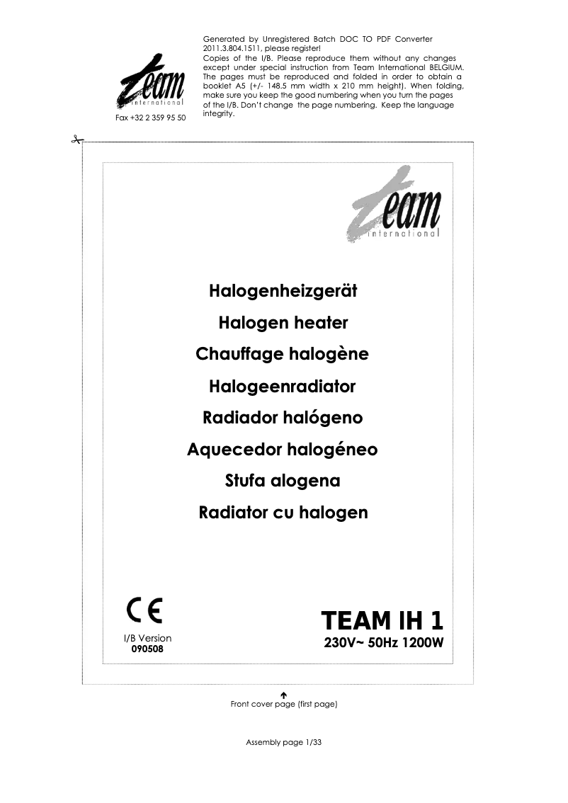 Imagen de la primera página del manual del dispositivo IH 1