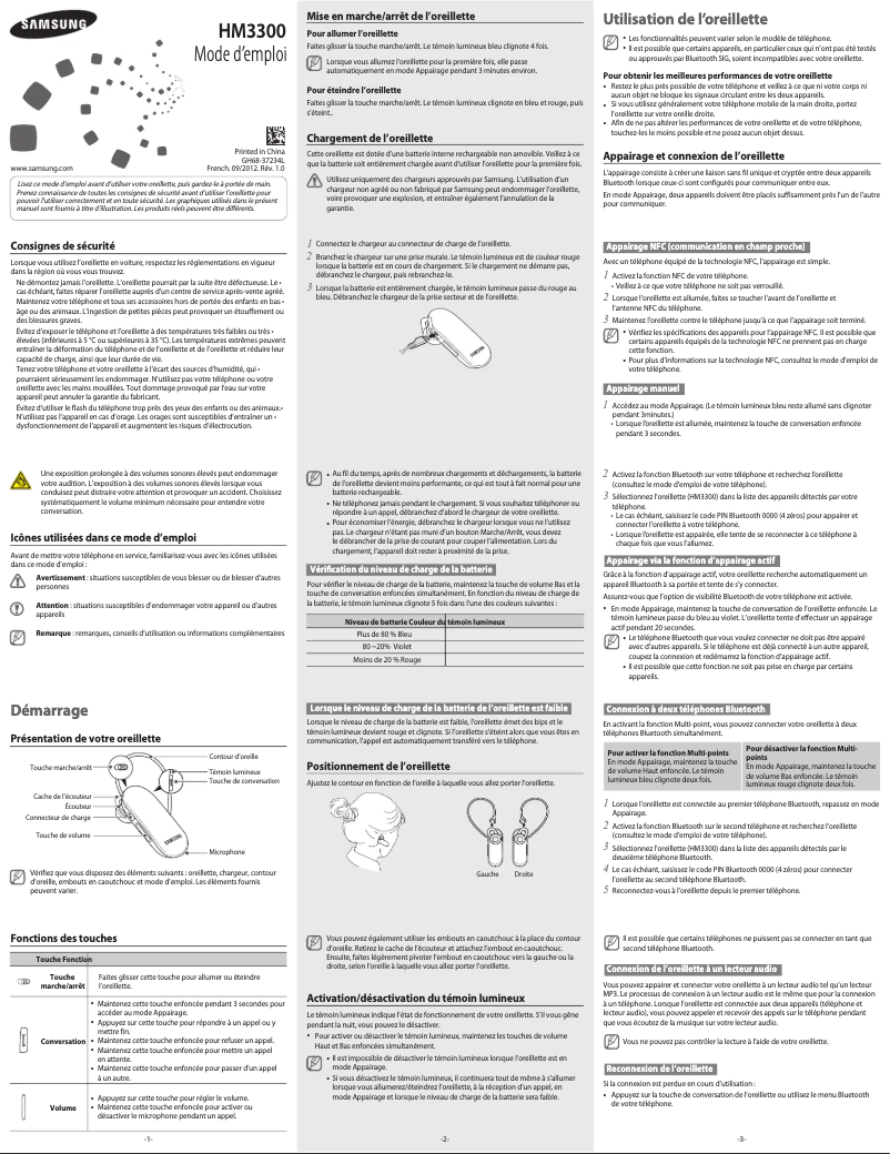 Page 1 de la notice Manuel utilisateur Samsung HM3300