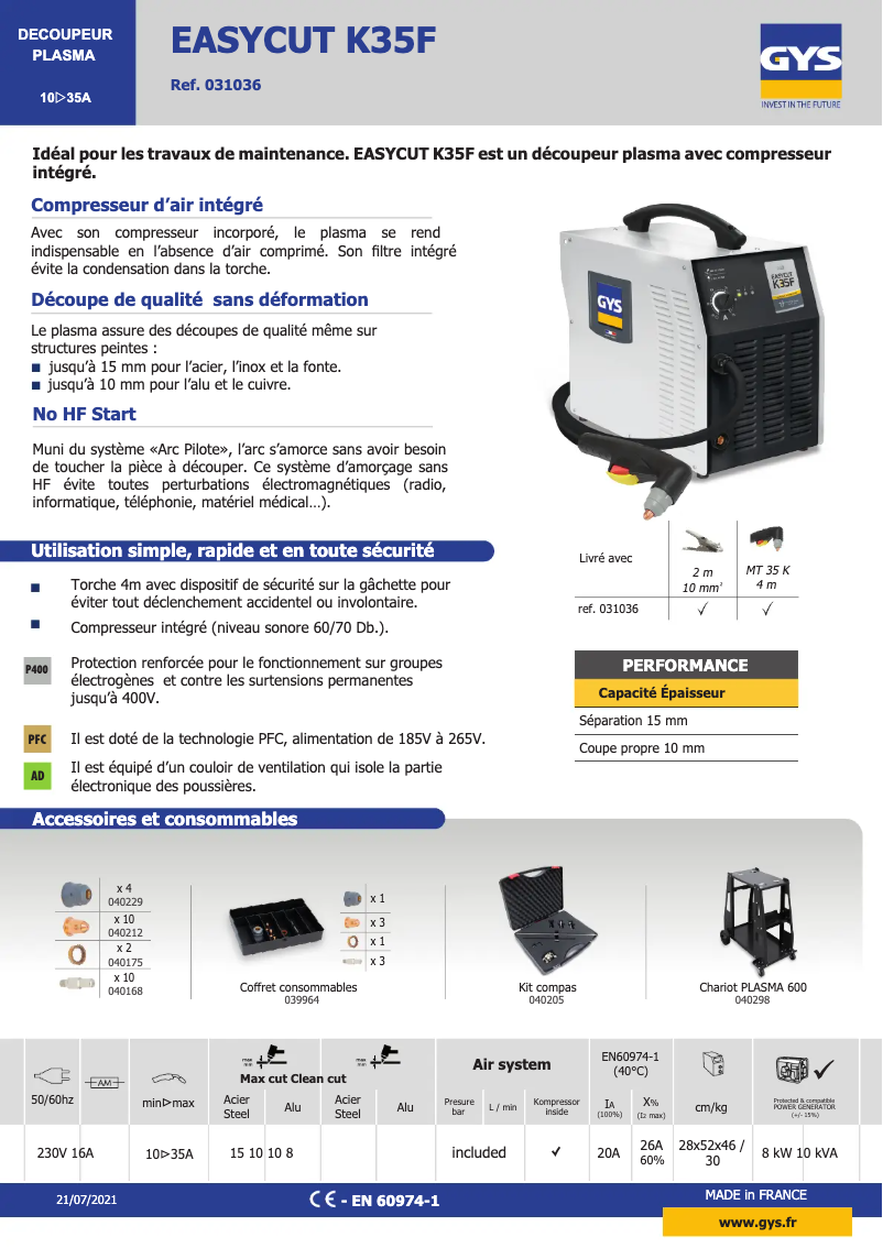Page 1 de la notice Fiche technique GYS Easycut K35F