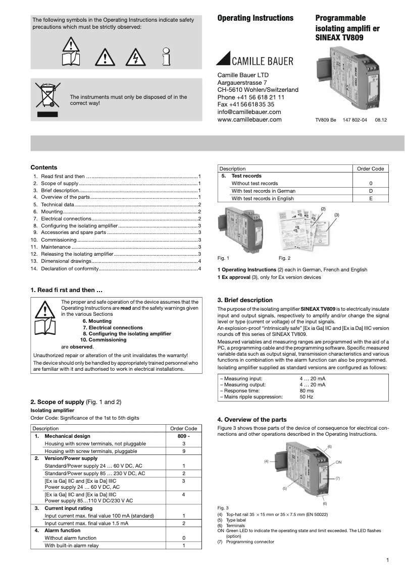 Page 1 de la notice Manuel utilisateur Gossen Metrawatt SINEAX TV809
