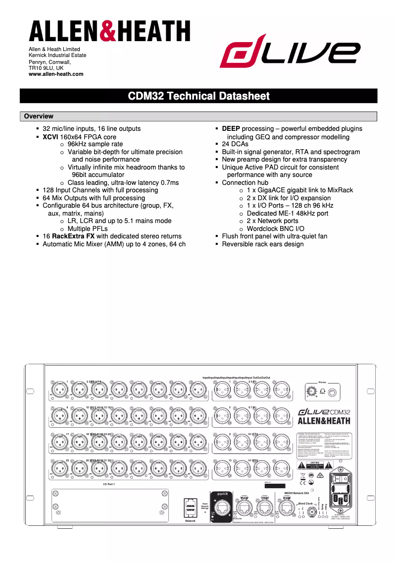 Page n°1 - Fiche technique Allen & Heath dLive CDM32