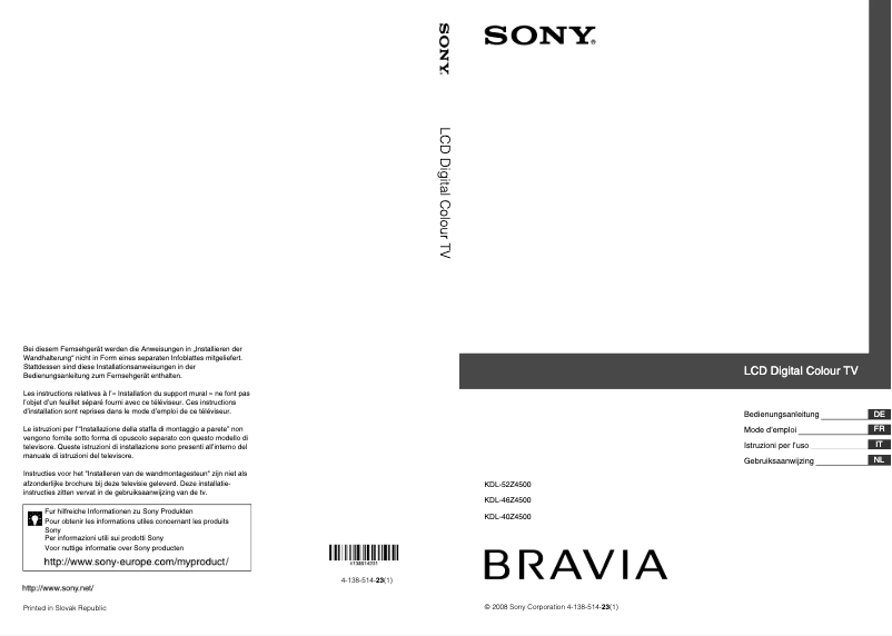 Page 1 de la notice Manuel utilisateur Sony Bravia KDL-52Z4500E