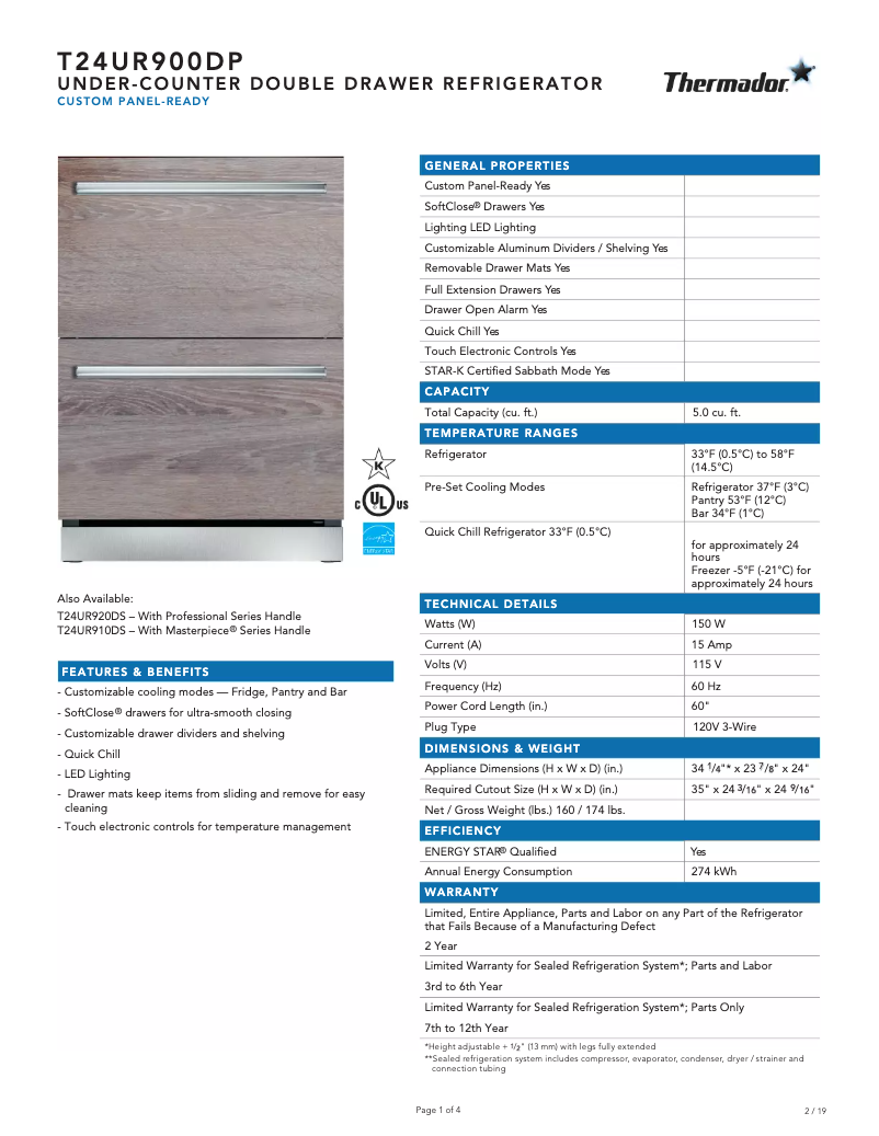 Page n°1 - Fiche technique Thermador T24UR900DP