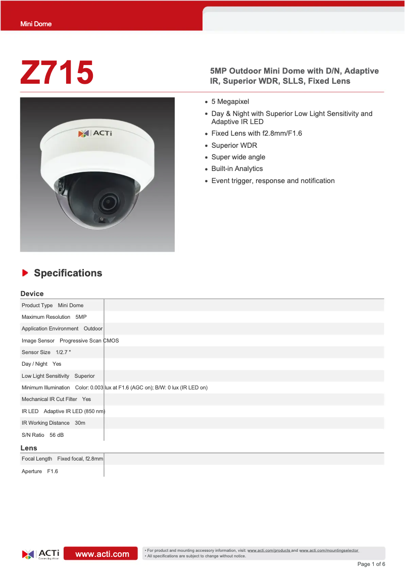 Page n°1 - Fiche technique ACTi Z715