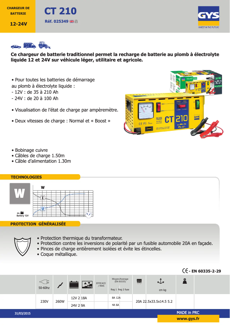 Page n°1 - Fiche technique GYS CT 210