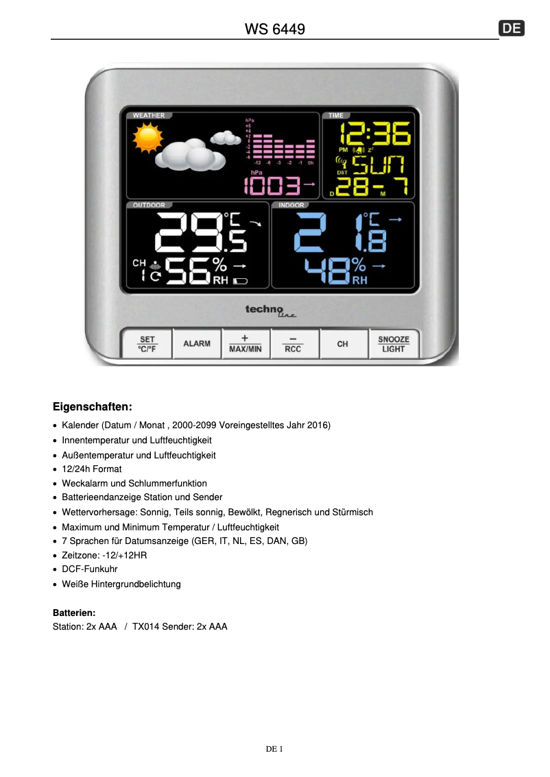 Page 1 de la notice Manuel utilisateur Techno Line WS 6449