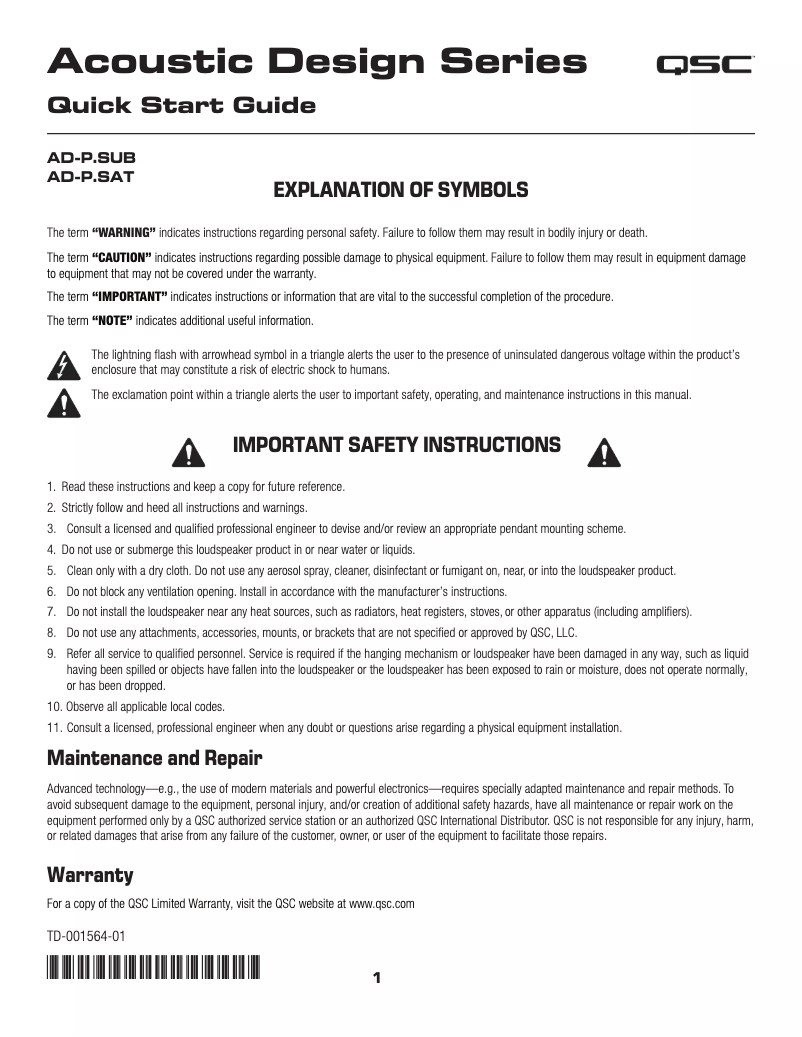 Page 1 de la notice Manuel utilisateur QSC AD-P.SAT
