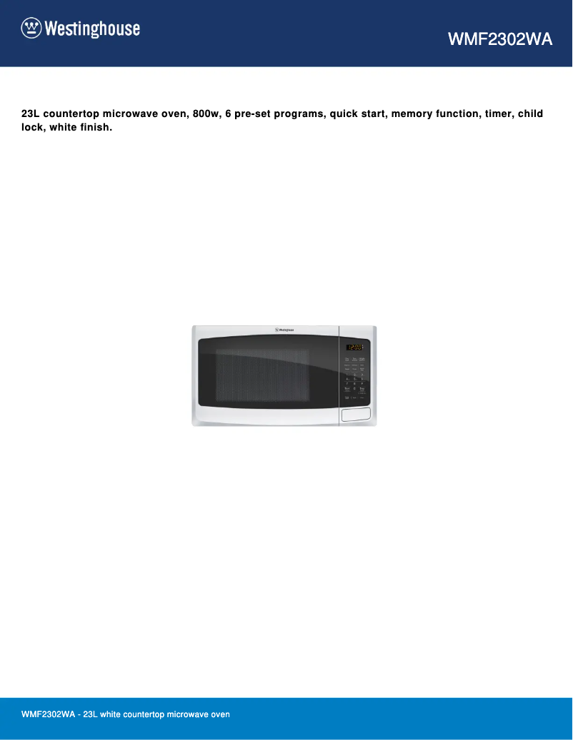 Página 1 del manual Ficha técnica Westinghouse WMF2302WA