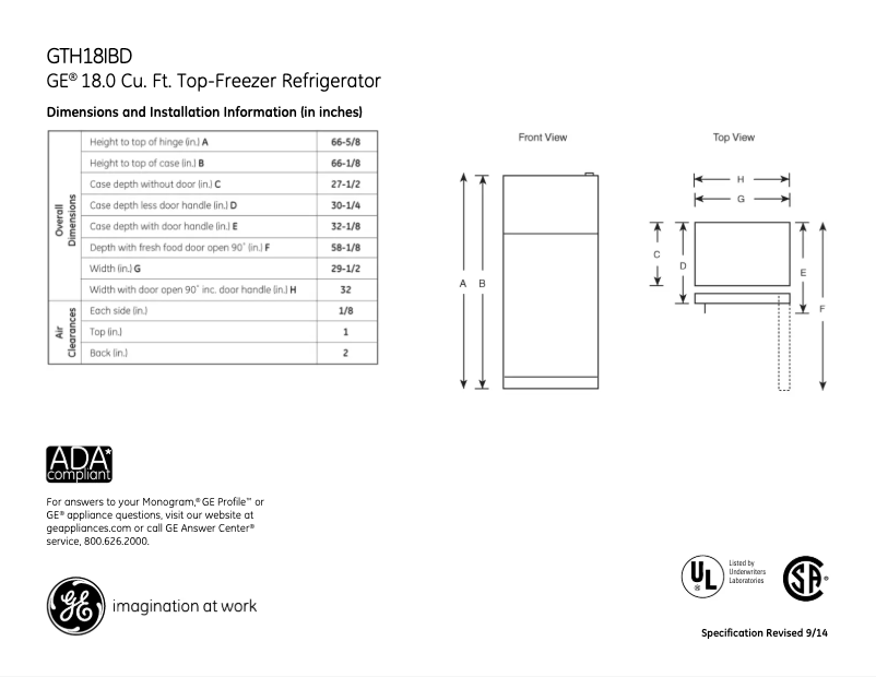 Page 1 de la notice Fiche technique GE GTH18IBDBB