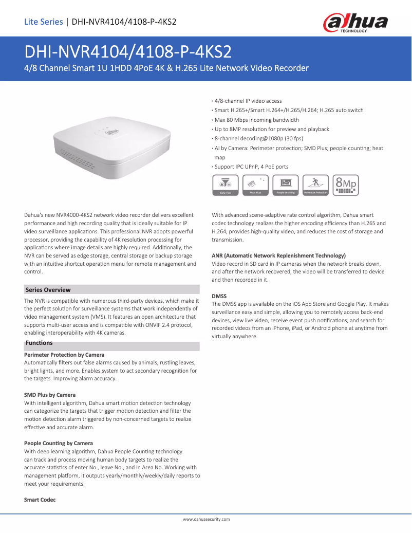 Page 1 de la notice Fiche technique Dahua Technology NVR4104-P-4KS2