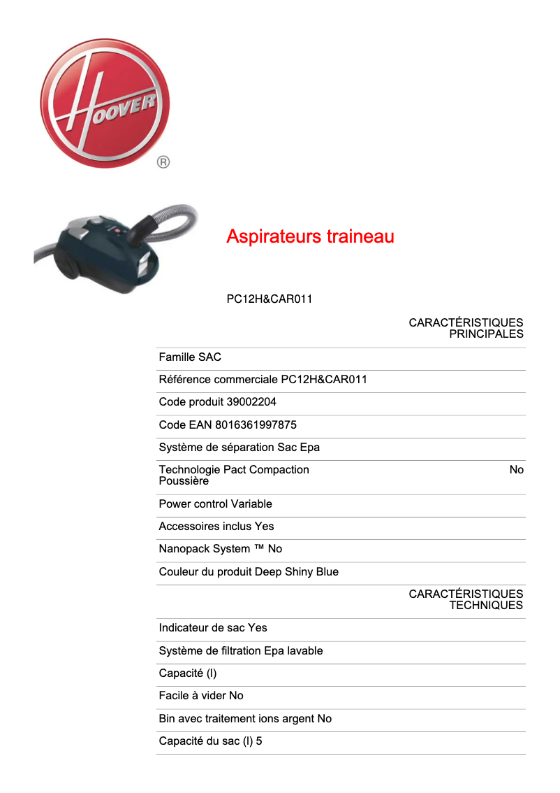 Página 1 del manual Ficha técnica Hoover Power Capsule PC12H&CAR011