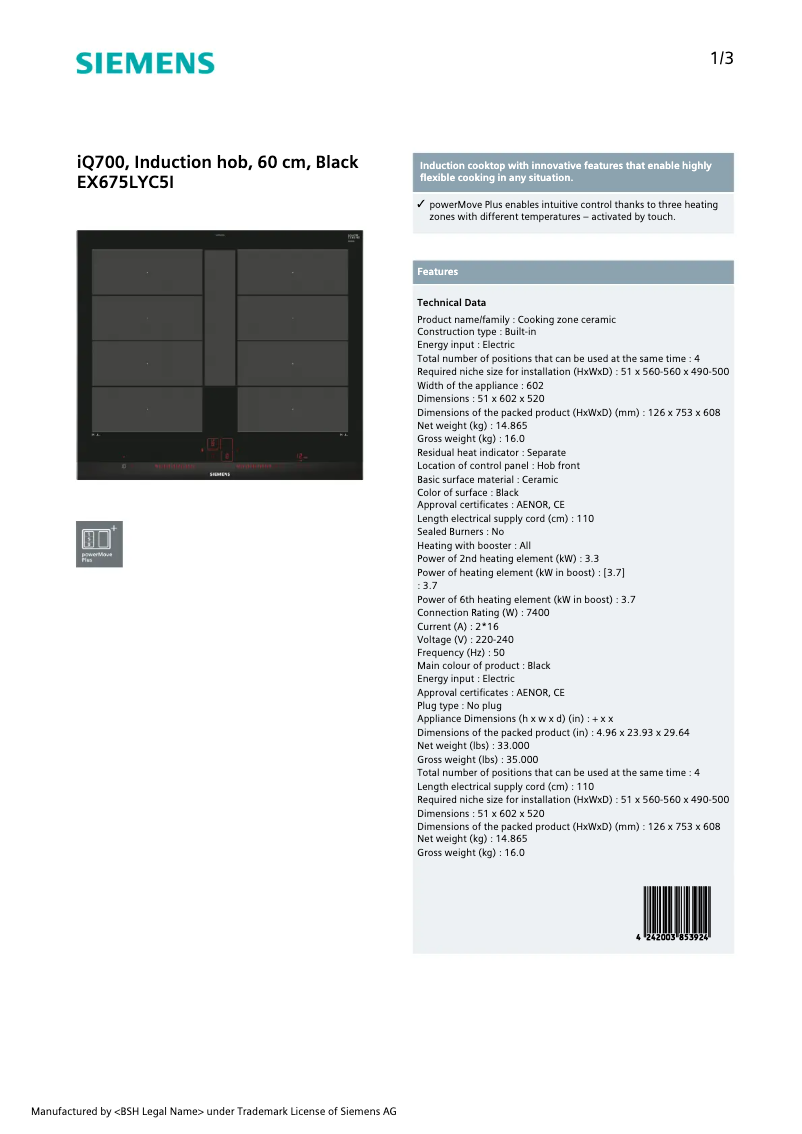 Page n°1 - Fiche technique Siemens EX675LYC5I