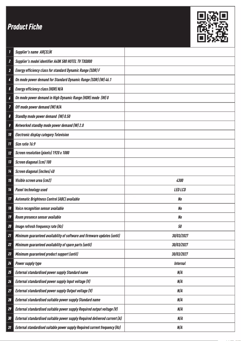 Page n°1 - Fiche technique Arçelik A40K 580