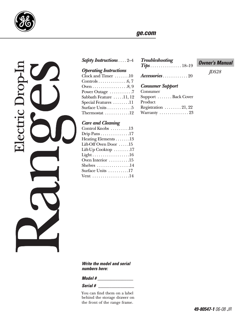 Page n°1 - Manuel d'utilisation et d'entretien GE JDS28WKWW