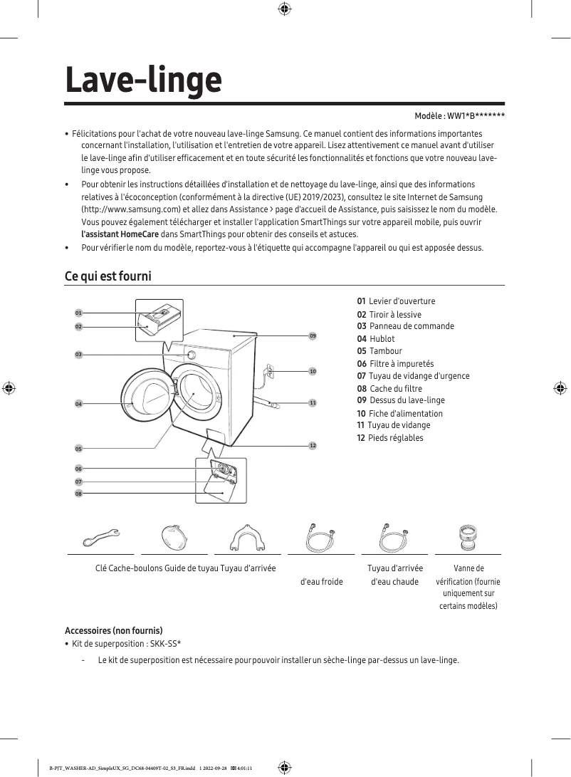 Page 1 de la notice Manuel utilisateur Samsung WW11BB945DGM