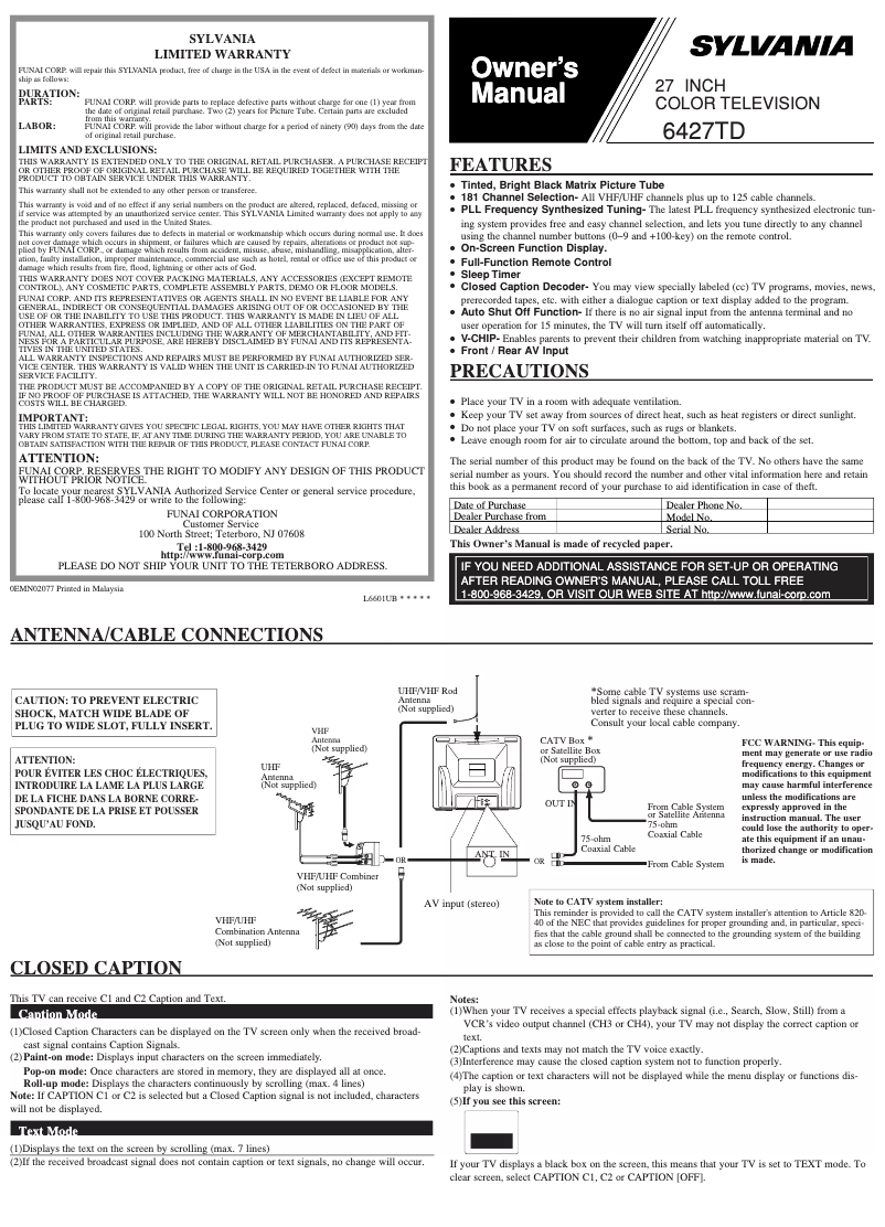 Page n°1 - Manuel utilisateur Sylvania 6427TD