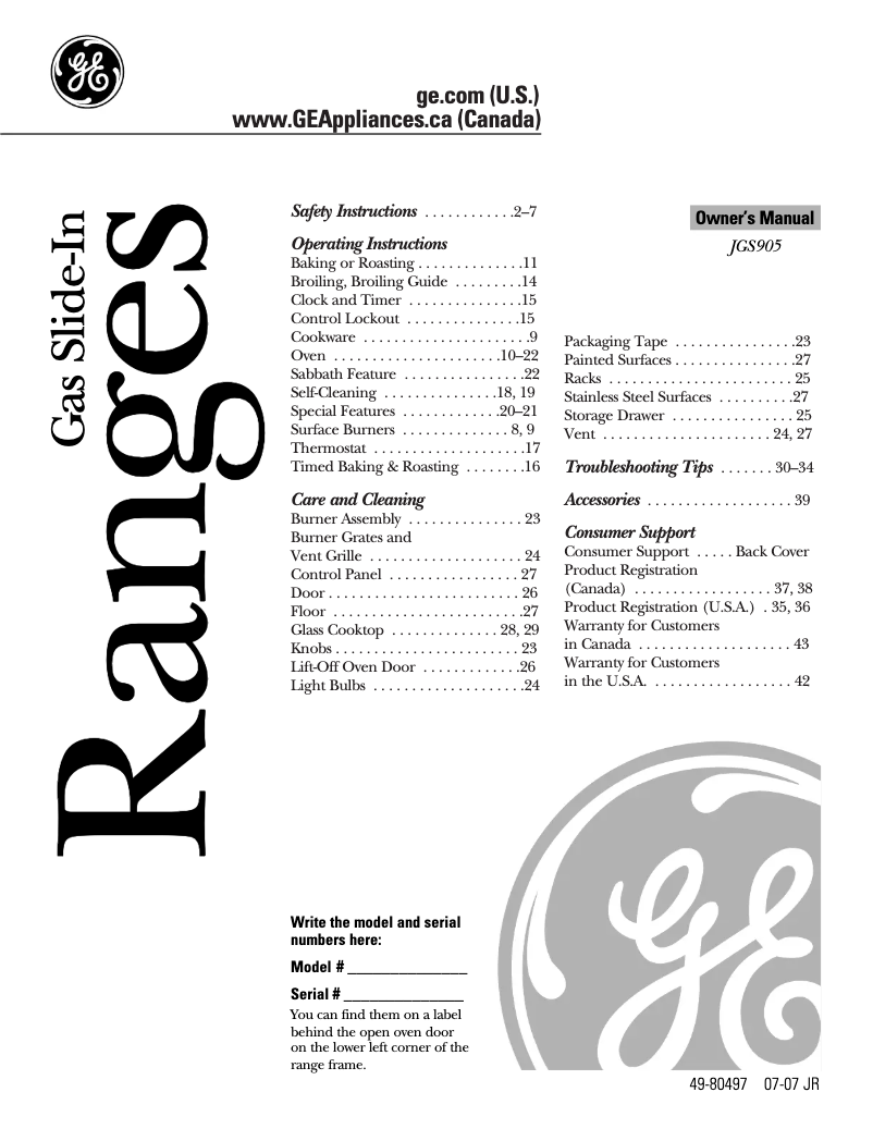 Image de la première page du manuel de l'appareil JGS905TEKWW