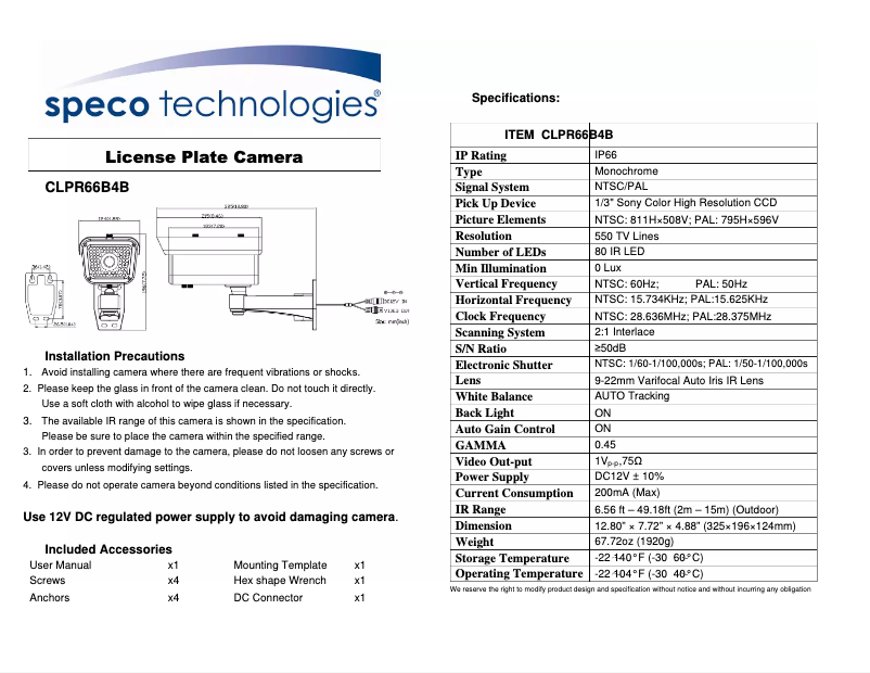 Page 1 de la notice Manuel utilisateur Speco Technologies CLPR66B4B