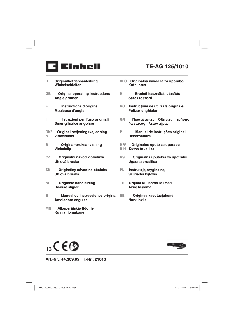 Page 1 de la notice Manuel utilisateur Einhell TE-AG 125/1010