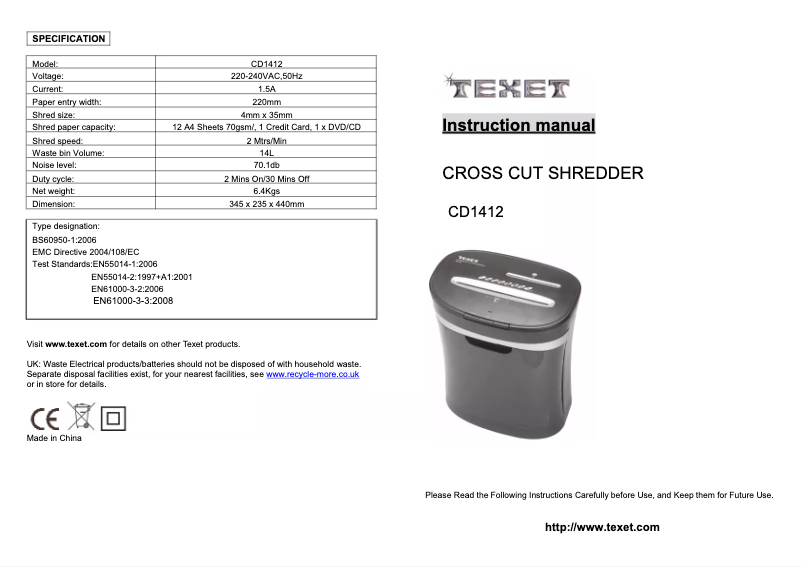 Page n°1 - Manuel utilisateur Texet CD1412